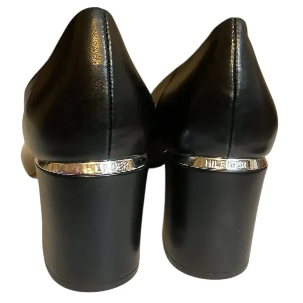 Tommy Hilfiger Women's Neysa Black Patent Toe Metal‎ Medallion Block Heels 9.5M